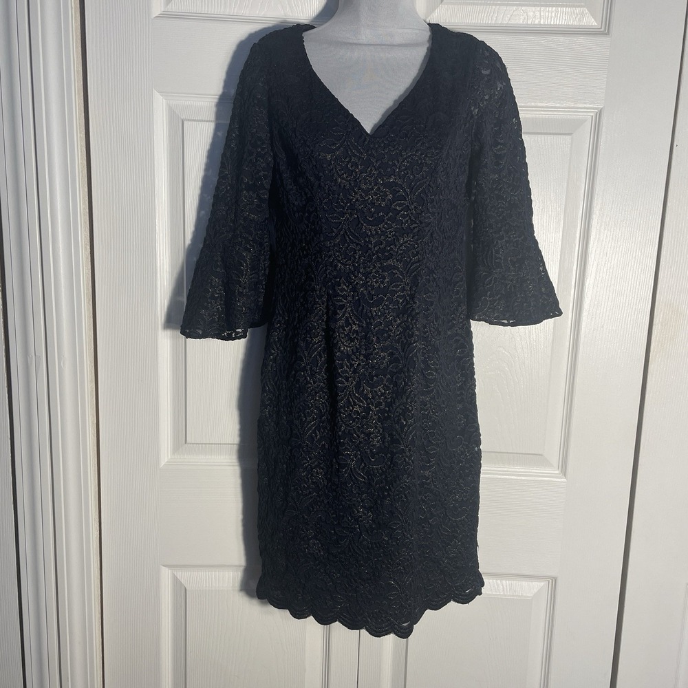 Alex Evening‎ Lace Dress Women Petite 6 Navy Blue Flared Sleeve Whimsigoth Party